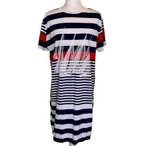 Women’s Coastal Nautical Striped T Shirt Dress St Maarten Sailboat Size OSFM